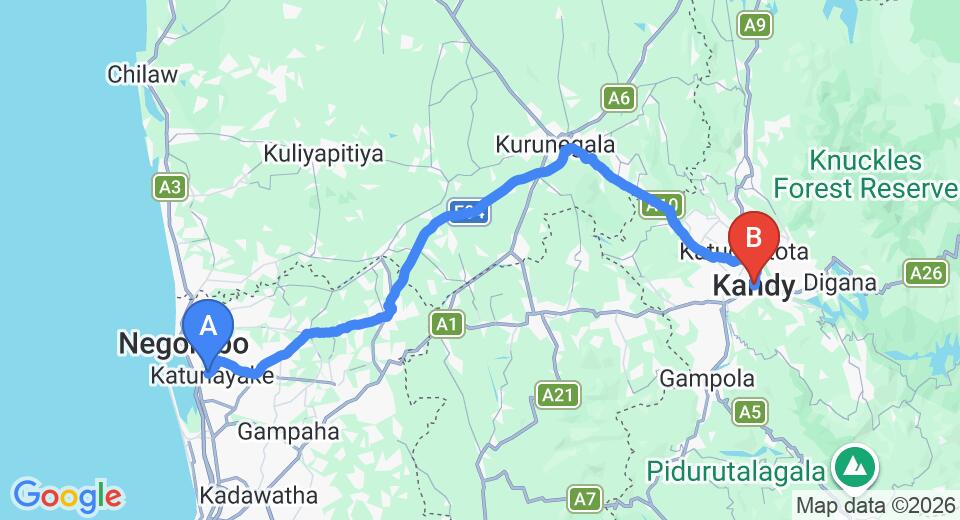 Driving route map: Colombo Airport (CMB) to Illukmodara Watta, Kandy (114 km, approx 2 h 51 min private transfer)