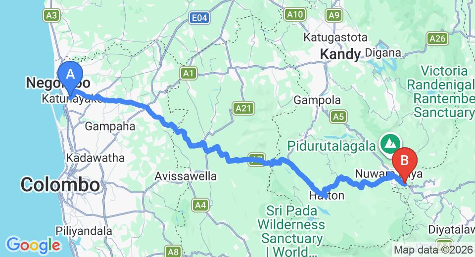 Driving route map: Colombo Airport (CMB) to Cool Feel Rest, Nuwara Eliya (159 km, approx 4 h 53 min private transfer)