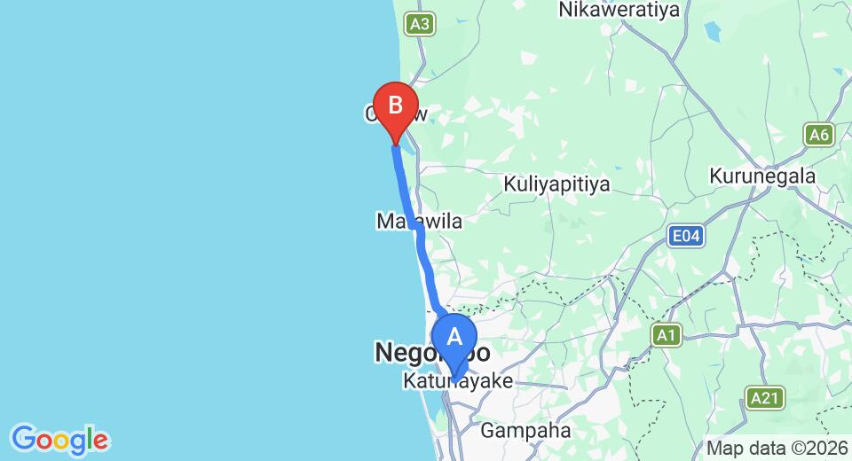 Driving route map: Colombo Airport (CMB) to Carolina Beach Hotel, Chilaw (47 km, approx 1 h 21 min private transfer)