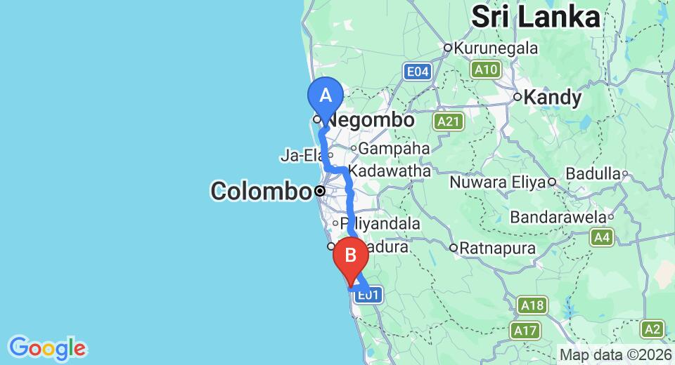Driving route map: Colombo Airport (CMB) to Hotel Water Nest, Kalutara (92 km, approx 1 h 27 min private transfer)