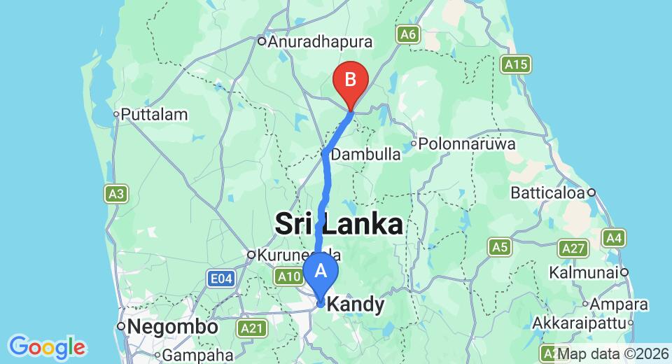 Driving route map: Kandy to Habarana (94 km, approx 2 h 31 min private transfer)