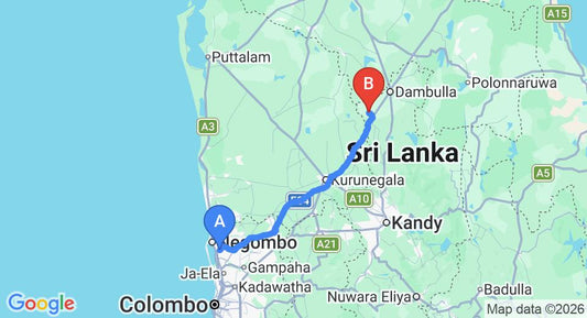 Driving route map: Colombo Airport (CMB) to Sanasuma Holiday Resort, Matale (117 km, approx 2 h 34 min private transfer)