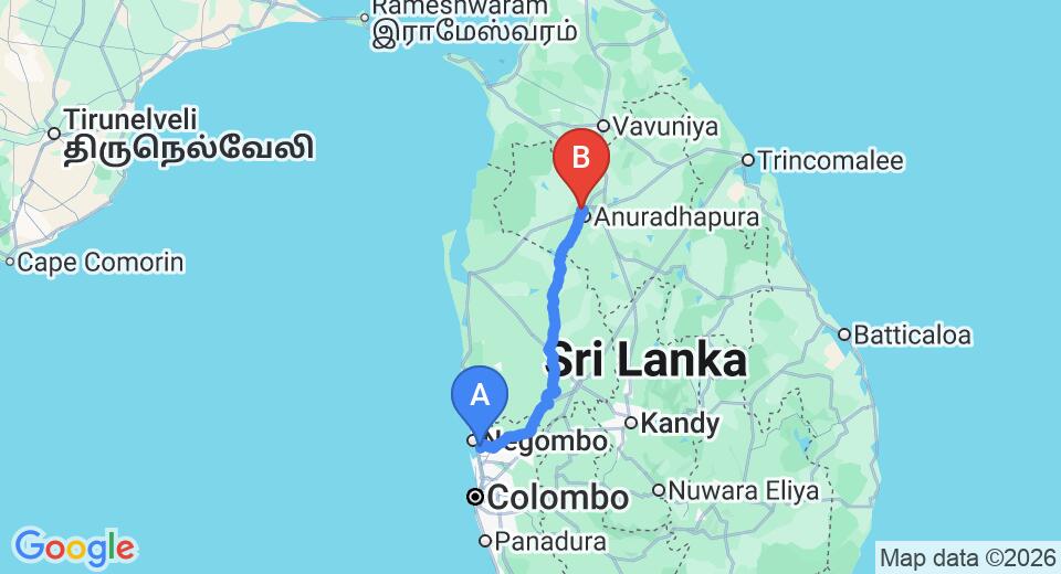 Driving route map: Colombo Airport (CMB) to Boa Vista Hotel, Anuradhapura (175 km, approx 3 h 46 min private transfer)