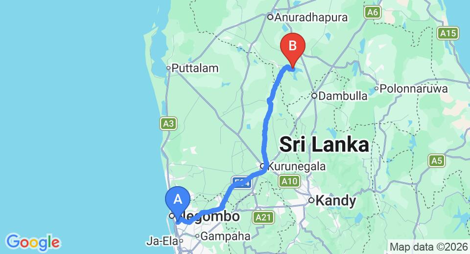 Driving route map: Colombo Airport (CMB) to Kala Wewa (149 km, approx 3 h 13 min private transfer)