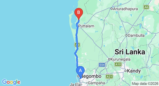 Driving route map: Colombo Airport (CMB) to Cloud Nine Lanka Resort, Puttalam (118 km, approx 2 h 55 min private transfer)
