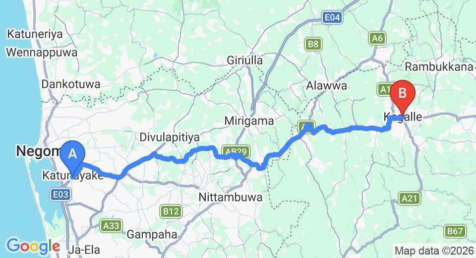 Driving route map: Colombo Airport (CMB) to Kegalle (65 km, approx 1 h 50 min private transfer)