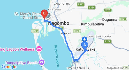 Driving route map: Colombo Airport (CMB) to Miura Dutch Edge Hotel, Negombo (11 km, approx 25 min private transfer)