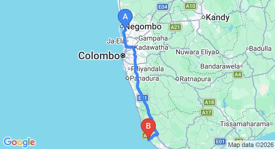 Driving route map: Colombo Airport (CMB) to Sun Beach Hotel, Hikkaduwa (144 km, approx 2 h 9 min private transfer)
