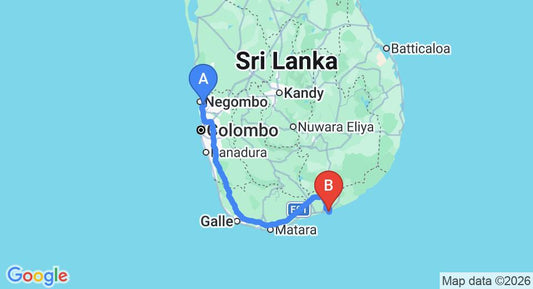 Driving route map: Colombo Airport (CMB) to Oasis Aramaya Ayurveda Resort, Hambantota (269 km, approx 3 h 27 min private transfer)
