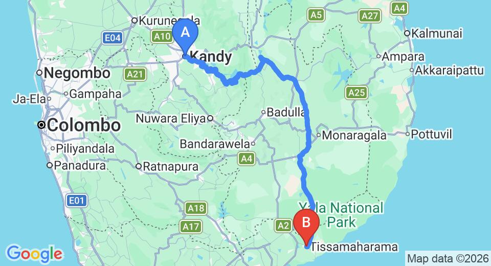 Driving route map: Kandy to Tissamaharama (235 km, approx 5 h 23 min private transfer)