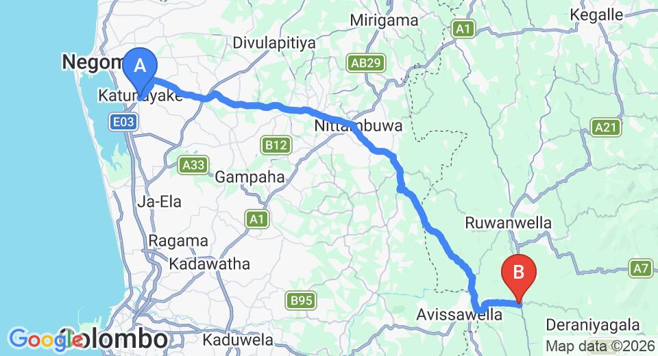 Driving route map: Colombo Airport (CMB) to Dehiowita (60 km, approx 1 h 43 min private transfer)