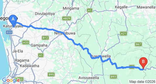Driving route map: Colombo Airport (CMB) to Hotel Miyora, Kitulgala (85 km, approx 2 h 31 min private transfer)