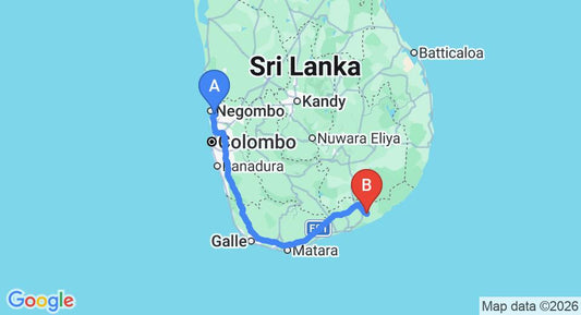 Driving route map: Colombo Airport (CMB) to Villa Kumbuk Tree House, Tissamaharama (277 km, approx 3 h 39 min private transfer)