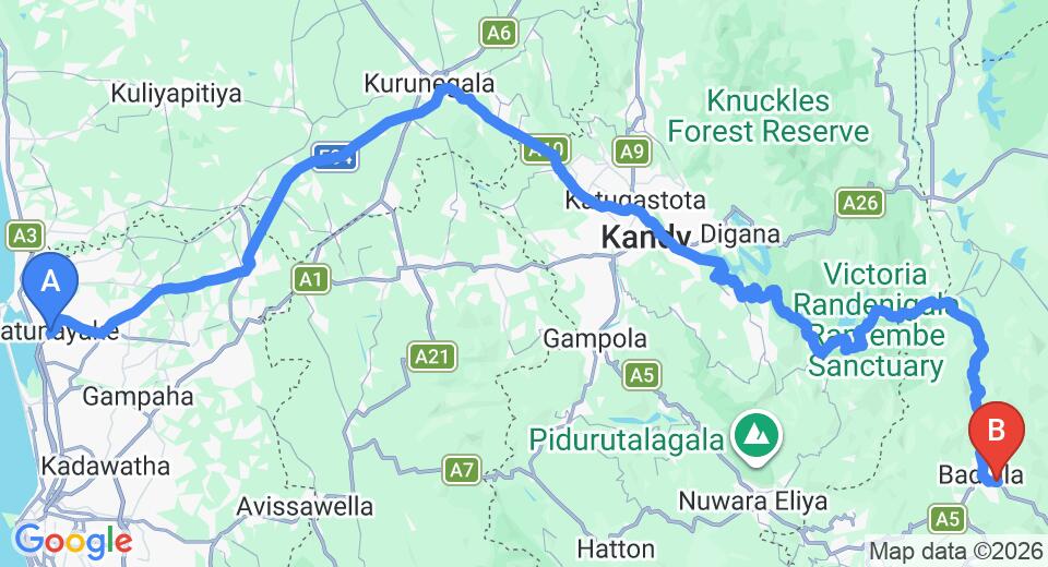 Driving route map: Colombo Airport (CMB) to Grand Regency Hotel, Badulla (229 km, approx 5 h 50 min private transfer)