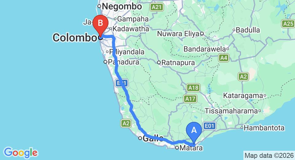 Driving route map: Dikwella to Colombo (176 km, approx 2 h 45 min private transfer)