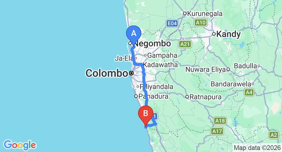 Driving route map: Colombo Airport (CMB) to Hotel Paradise Island, Bentota (108 km, approx 1 h 40 min private transfer)