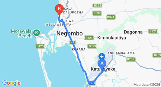 Driving route map: Colombo Airport (CMB) to New Rani Inn, Negombo (12 km, approx 28 min private transfer)