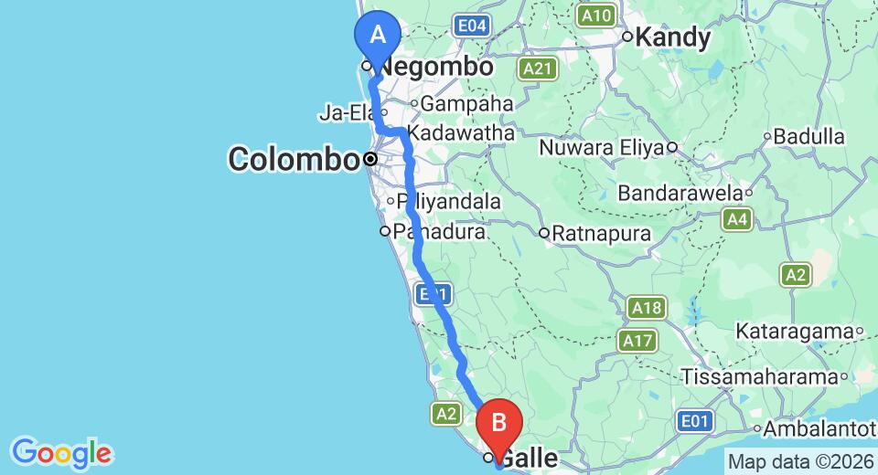 Driving route map: Colombo Airport (CMB) to Calamander Unawatuna Beach, Unawatuna (153 km, approx 2 h 8 min private transfer)