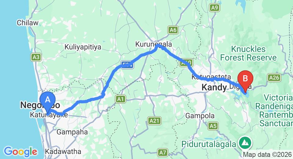 Driving route map: Colombo Airport (CMB) to Chalets at Victoria Golf and Country Resort, Kandy (131 km, approx 3 h 23 min private transfer)
