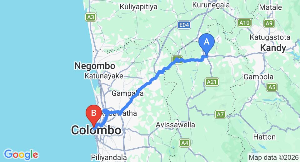Driving route map: Kegalle to Colombo Seaport (85 km, approx 2 h 7 min private transfer)