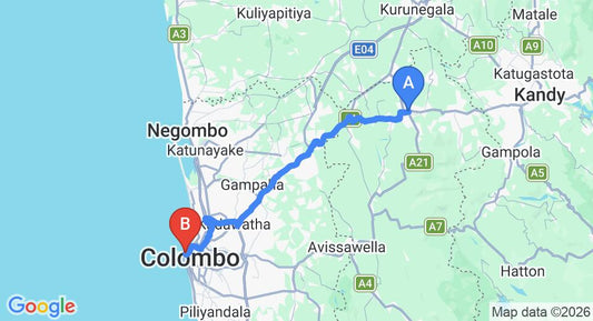 Driving route map: Kegalle to Colombo Seaport (85 km, approx 2 h 7 min private transfer)