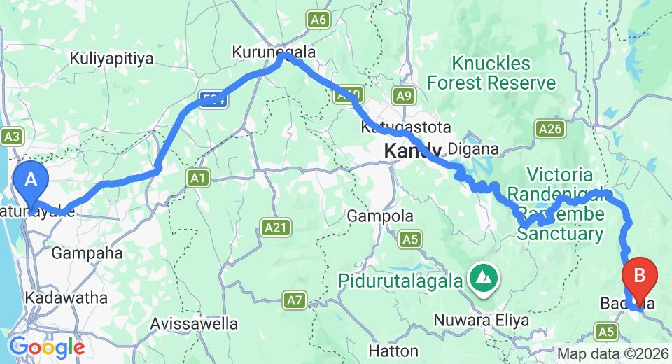 Driving route map: Colombo Airport (CMB) to Hotel Sanasta, Badulla (230 km, approx 5 h 52 min private transfer)