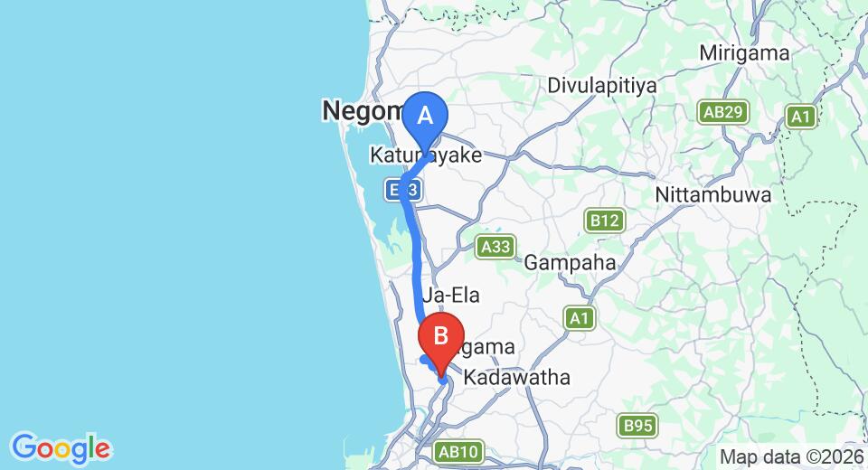 Driving route map: Colombo Airport (CMB) to Sha Residence, Negombo (25 km, approx 32 min private transfer)