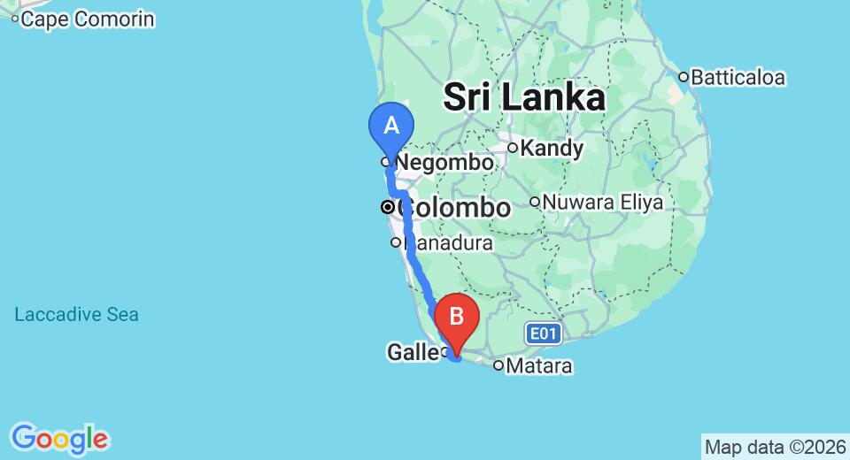 Driving route map: Colombo Airport (CMB) to IF Villa, Galle (157 km, approx 2 h 15 min private transfer)