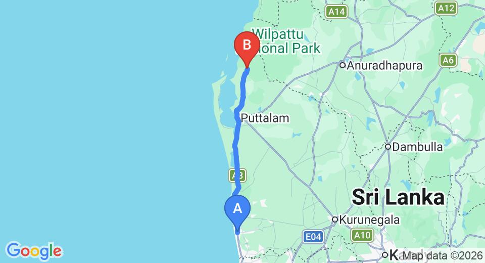 Driving route map: Marawila to Wilpattu (105 km, approx 2 h 20 min private transfer)