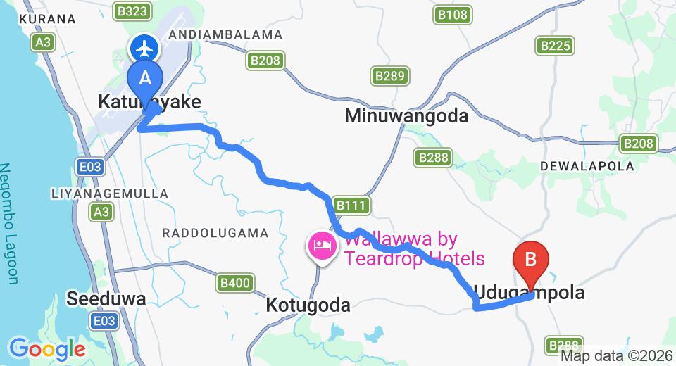Driving route map: Colombo Airport (CMB) to Udugampola (15 km, approx 31 min private transfer)