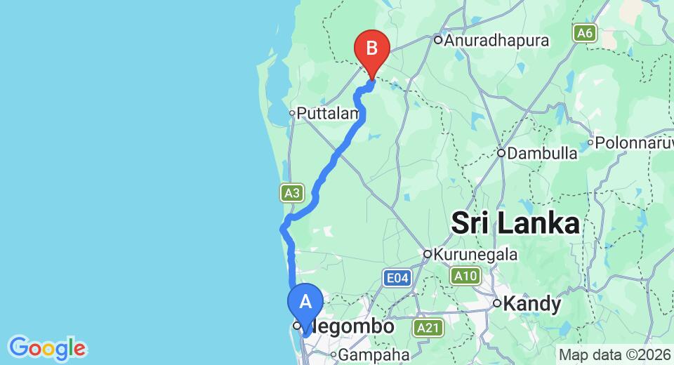 Driving route map: Colombo Airport (CMB) to Perakumpura (140 km, approx 3 h 29 min private transfer)