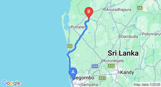 Driving route map: Colombo Airport (CMB) to Perakumpura (140 km, approx 3 h 29 min private transfer)