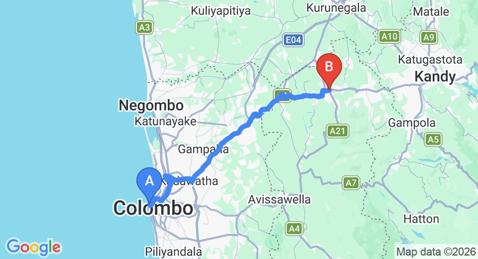Driving route map: Colombo Seaport to Kegalle (85 km, approx 2 h 6 min private transfer)