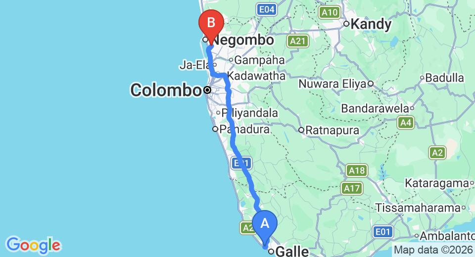 Driving route map: Gintota to Colombo Airport (CMB) (145 km, approx 2 h 11 min private transfer)