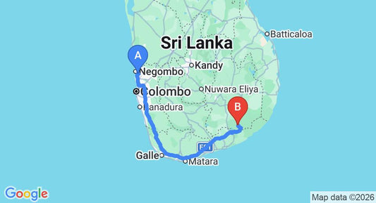 Driving route map: Colombo Airport (CMB) to Wellassa Resort, Kataragama (291 km, approx 3 h 54 min private transfer)