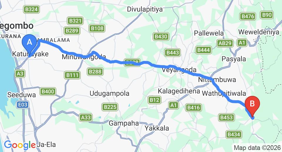Driving route map: Colombo Airport (CMB) to Urapola (35 km, approx 1 h 9 min private transfer)