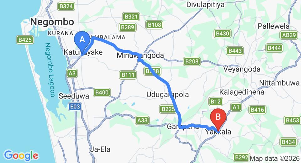 Driving route map: Colombo Airport (CMB) to Yakkala (25 km, approx 51 min private transfer)