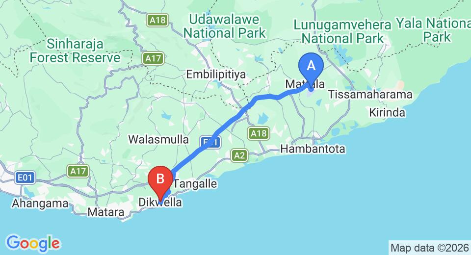 Driving route map: Mattala (HRI) Airport to Dikwella (67 km, approx 1 h 1 min private transfer)