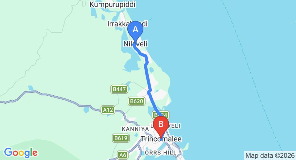 Driving route map: Nilaveli to Trincomalee (13 km, approx 21 min private transfer)