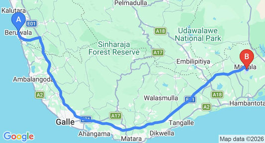 Driving route map: Beruwala to Mattala (HRI) Airport (174 km, approx 2 h 21 min private transfer)