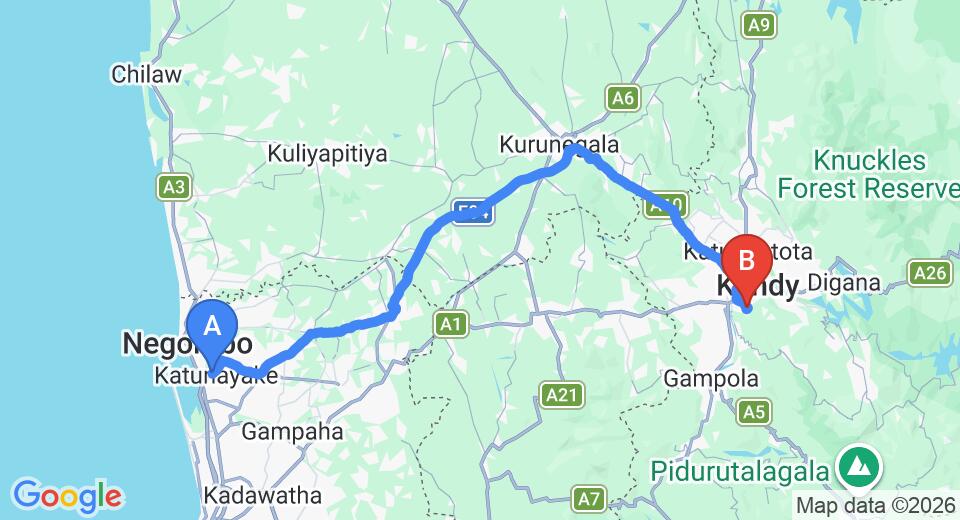 Driving route map: Colombo Airport (CMB) to Amaya Hills Kandy, Kandy (116 km, approx 2 h 58 min private transfer)