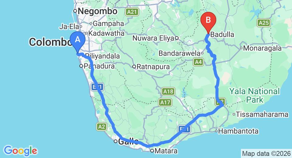Driving route map: Ratmalana (RML) Airport to Badulla (315 km, approx 5 h 16 min private transfer)