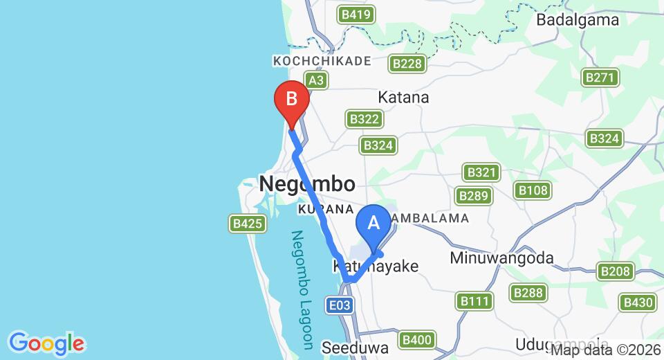 Driving route map: Colombo Airport (CMB) to Hotel Red Rose, Negombo (12 km, approx 29 min private transfer)