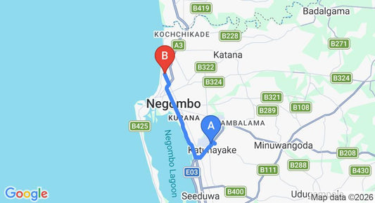 Driving route map: Colombo Airport (CMB) to Hotel Red Rose, Negombo (12 km, approx 29 min private transfer)