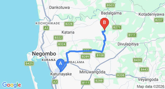 Driving route map: Colombo Airport (CMB) to Horakelle Estate Bungalow, Gampaha (19 km, approx 34 min private transfer)