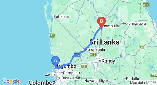 Driving route map: Colombo Airport (CMB) to Sigiriana Resort by Thilanka, Dambulla (133 km, approx 2 h 54 min private transfer)
