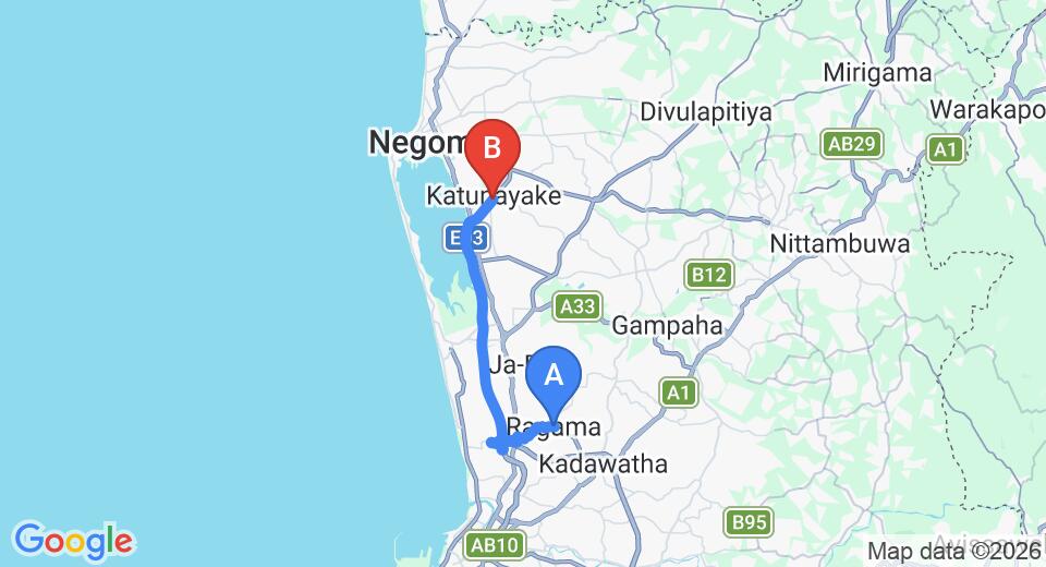Driving route map: Ragama to Colombo Airport (CMB) (25 km, approx 32 min private transfer)