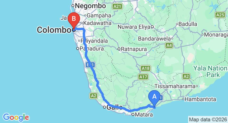 Driving route map: Tangalle to Colombo (186 km, approx 2 h 44 min private transfer)