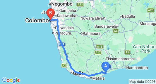 Driving route map: Tangalle to Colombo (186 km, approx 2 h 44 min private transfer)