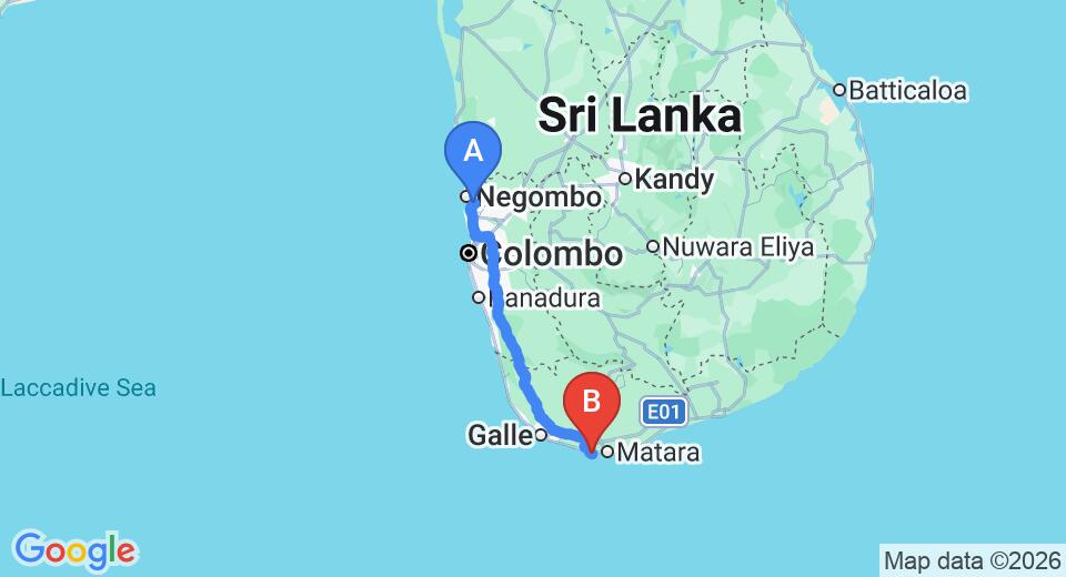 Driving route map: Colombo Airport (CMB) to Sunset Hotel, Mirissa (178 km, approx 2 h 36 min private transfer)